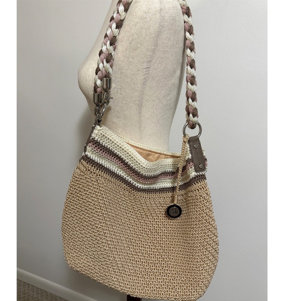 The Sak Hand Crochet Shoulder Purse Bag Tan Beige